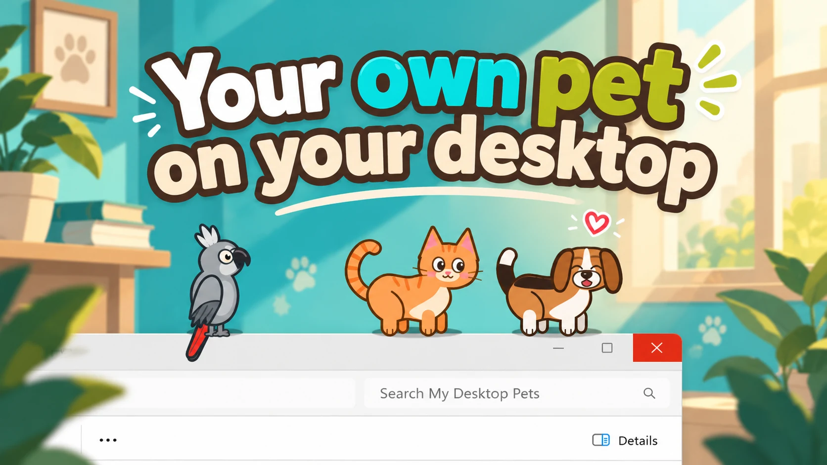 Cat, dog and parrot companions on a Windows desktop